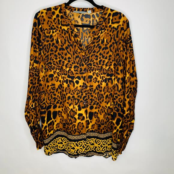 Leopard Cheetah Blouse Sz XL Stud Trim Collar - Picture 5 of 12
